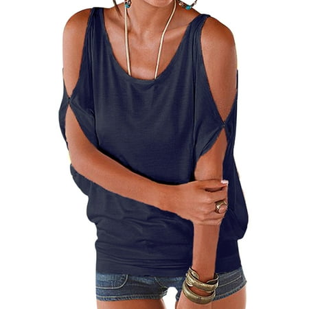 Cut Out Cold Shoulder Tops for Women Summer Loose Blouse Bat Short Sleeve T Shirts Casual Baggy Crew Neck Beach Tees