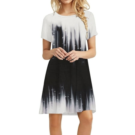 Juebong Women s Summer Casual O-Neck Swing Short Sleeve Mini Beach Printed Dress