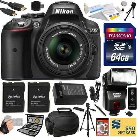 Nikon D5300 24.2 MP CMOS Digital SLR Camera with 18-55mm f\/3.5-5.6G ED VR II AF-S DX NIKKOR Zoom Lens (Black) (1522) with 64GB SD Memory Card, Tripod, Case, HDMI Cable, (2) Extra Batteries and more Nikon D5300 24.2 MP CMOS Digital SLR Camera with 18-55mm f\/3.5-5.6G ED VR II AF-S DX NIKKOR Zoom Lens (Black) (1522) with 64GB SD Memory Card, Tripod, Case, HDMI Cable, (2) Extra Batteries and more