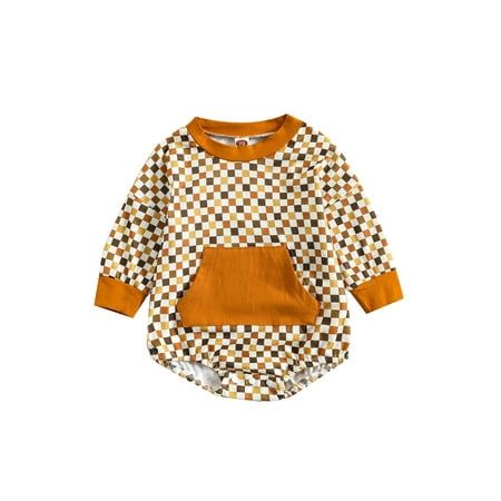 

Infant Baby Girl Boy Autumn Jumpsuit Checkerboard Print Long Sleeve Round Neck Contrast Color Romper with Pocket