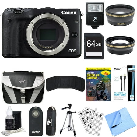 Canon EOS M3 24.2MP Digital Camera Body 64GB Deluxe Bundle includes Camera, Card, Reader, Wallet, Tripod, Bag, Control, DVD, HDMI Cable, Wide Angle Lens, Converter, Beach Camera Cloth and More