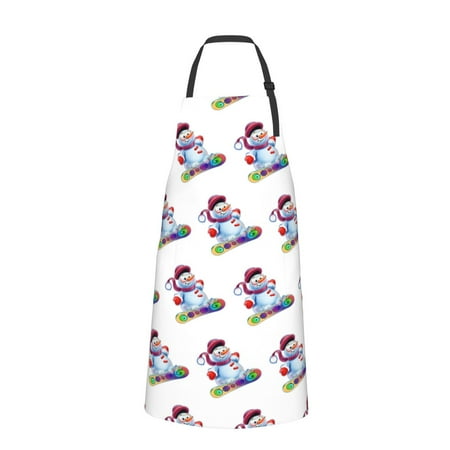 Snowboarding Snowman Apron Waterproof Aprons For Women with Pockets Adjustable Aprons For Cooking Kitchen