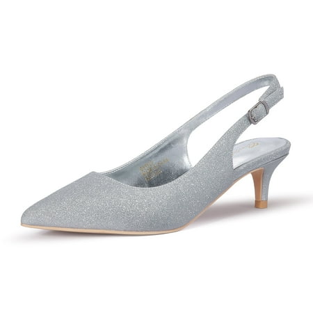Zhabtuc Women Slingback Kitten Heels Closed Pointed Toe Ankle Strap Pumps Work Office Shoes Silver Size 9.5