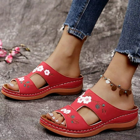 Leather Embroidered Flower Womens Sandals Orthopedic Posture Correction Shoes
