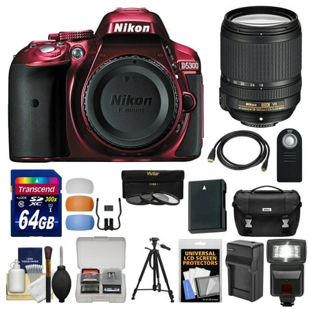 Nikon D5300 Digital SLR Camera Body (Red) with 18-140mm VR Zoom Lens + 64GB Card + Case + Flash + Battery & Charger + Tripod Kit