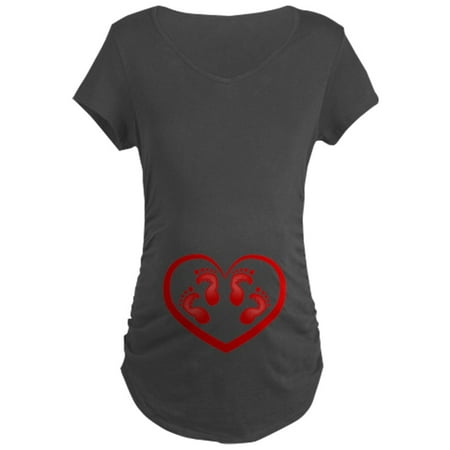 CafePress - Twin Baby Footprints Red Maternity T Shirt - Maternity Dark T-Shirt