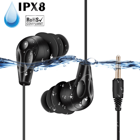 AGPTEK IPX8 Waterproof Headphones, Coiled Swimming Earbuds with Stereo Audio Extension Cable, SE11 Black