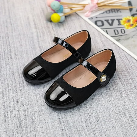 Girls Leather Mary Jane Flats Pearl Buckle Shoes For Wedding School Dress