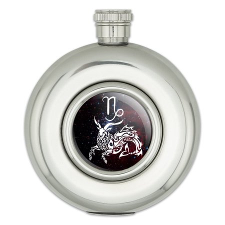 Capricorn Fish Goat Zodiac Sign Horoscope in Space Round Stainless Steel 5oz Hip Drink Flask