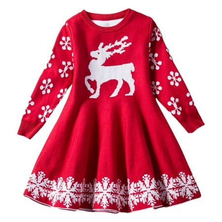 Honeeladyy Winter Coats Girl Baby Knitted Skirt Christmas Long Sleeve Skirt Fawn Cartoon Print Skirt Red Sales Online
