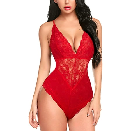 Avidlove Women Snap Crotch Lingerie Sexy Lace Bodysuit Deep V Teddy One Piece Lace BabydollRed XL