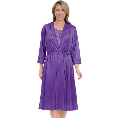Collections Etc Beautiful Lace Trim Silky Wrap-Around Long Sleeve Robe