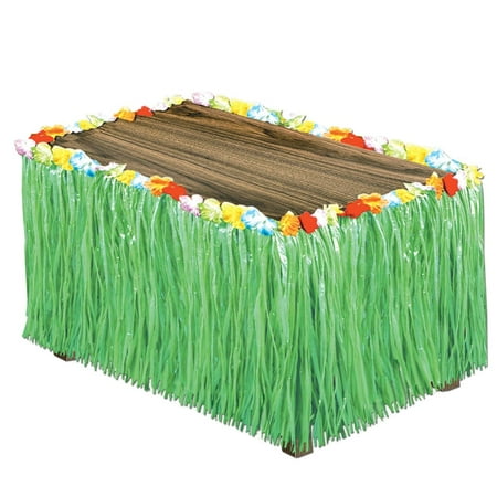 Pack of 6 Tropical Bright Green Artificial Grass Hawaiian Themed Party Table Skirts 9'