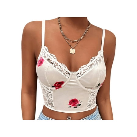 Women Camis Tops Rose Pattern Sleeveless V Neck Lace Stitching Decor Skinny Fit Summer Crop Tops
Women Camis Tops Rose Pattern Sleeveless V Neck Lace Stitching Decor Skinny Fit Summer Crop Tops