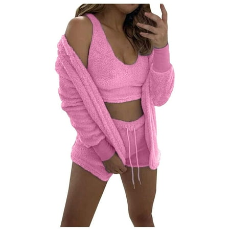 Women s Fuzzy 3 Piece Lounge Set Soft Comfy Pajama Set Cami Crop Top Shorts and Open Front Cardigan Loungewear