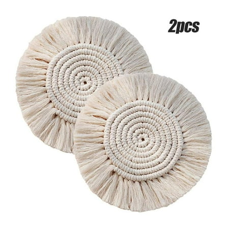 2 PCS Boho-style handmade macrame coasters made of cotton creamy white