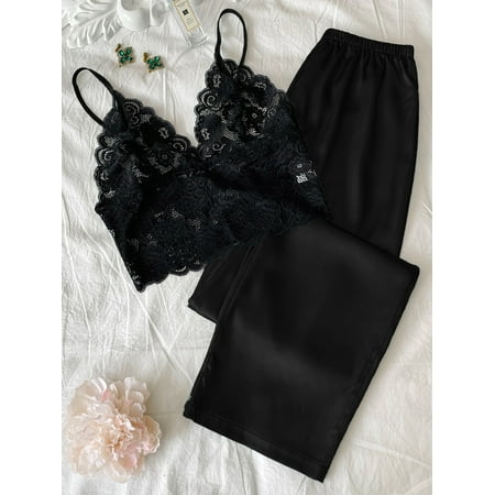

Black Sexy Women s Plus Lace Cami Top With Satin Pants Pajama Set 4XL(20) Y22001D