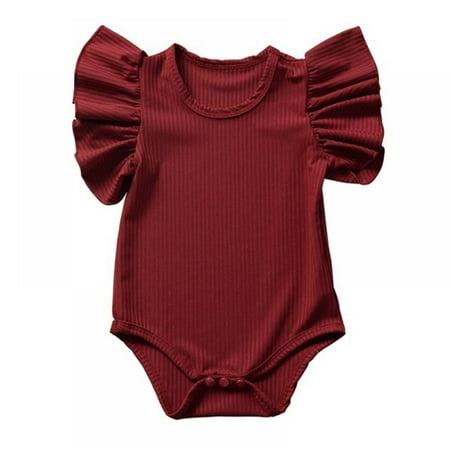 Newborn Baby Girls Ruffles Romper Short Sleeve Jumpsuit Ribbed Knitted Romper 0-18M