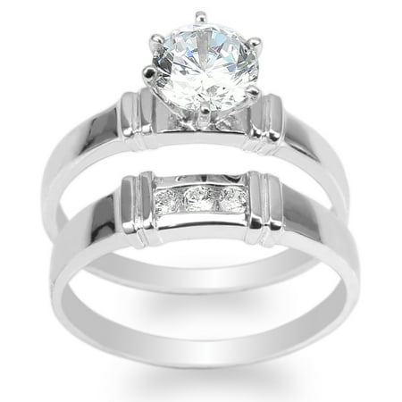 Ladies Set 14K White Gold 0.9ct Round CZ Wedding Ring Size 4-10
