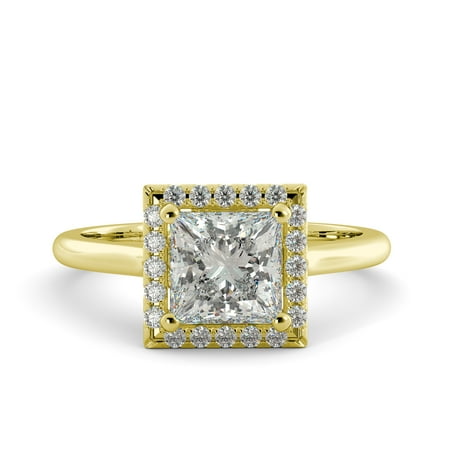 2.10 ct One Moissanite Princess & Round Diamond Halo Engagement Ring 18kYellowGold