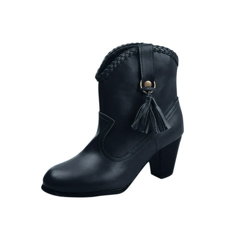 jsaierl Women s Winter Solid Color High Tube Fleece Warm Leather Boots With Thick Heels And Fringe
