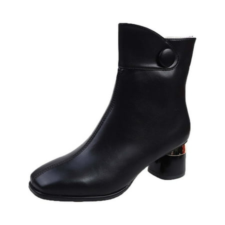 KBKYBUYZ Women s Comfy Retro Boots Chunky Heel High-Heels Square Toe Mid Calf Boots