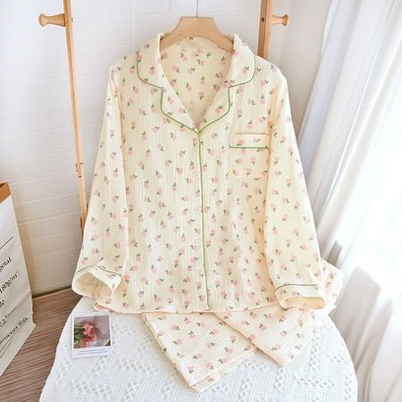 Spring New Ladies Pajamas Set Heart Printed Crepe Cotton Double-layer Gauze Turn-down Collar Long-sleeve Trousers Household Wear
Spring New Ladies Pajamas Set Heart Printed Crepe Cotton Double-layer Gauze Turn-down Collar Long-sleeve Trousers Household Wear