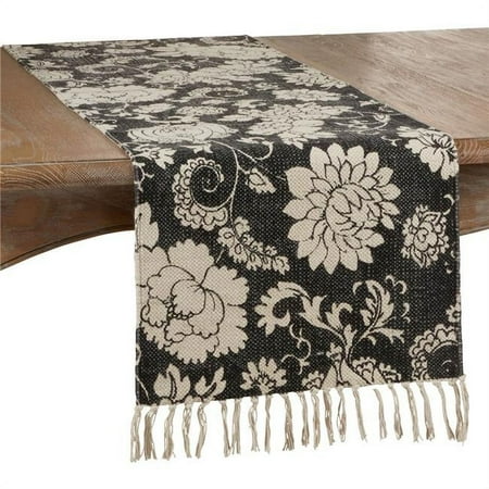 SARO 16 x 72 in. Oblong Fringed Table Runner with Black Floral Design