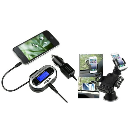 Insten For Galaxy S5 S4 S3 Note 2 3 iPhone 6 5 5S 5C 4 4S LED FM Transmitter Car Adapter (w\/ Universal Car Phone Holder)