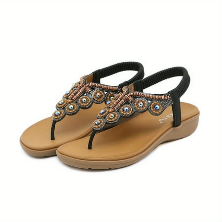 Women‘s Wedge Heeled Sandals Open Toe Round Toe Elastic Ankle Strap Rhinestone Decor Flat Sandals Women‘s Boho Style Footwear
Women‘s Wedge Heeled Sandals Open Toe Round Toe Elastic Ankle Strap Rhinestone Decor Flat Sandals Women‘s Boho Style Footwear