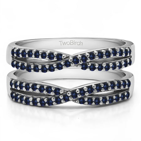 TwoBirch Sapphire Mounted Criss Cross Wedding Ring Guard In Sterling Silver With Sapphire (0.48ctw)