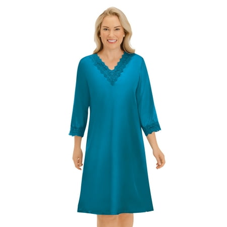 Collections Etc Lace Trim Satiny V-Neck Nightgown with 3/4 Sleeves