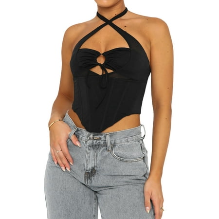 Women Halter Corset Tops Sleeveless Drawstring Asymmetrical Bustier