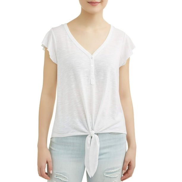 No Boundaries Juniors' lattice lace back tie front flutter sleeve blouse
