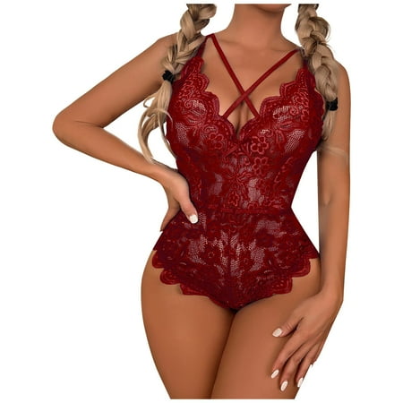 

QWERTYU Women s Sleepwear Strappy Sexy Babydoll Snap Crotch Bodysuit Lace Eyelash Teddy One Piece Lingerie Wine M