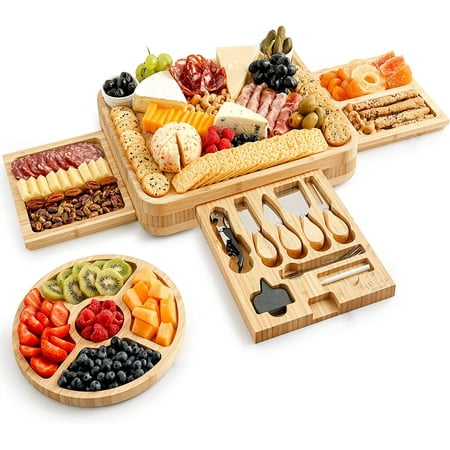 Zulay Kitchen Bamboo Cheese Board Set Extra Thick Charcuterie Board 4 Piece Knife Set - Deluxe Set