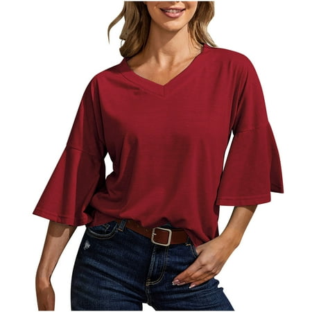 Bigersell Women Workout Tops Women Fashion Leisure Solid Pagoda Sleeve Short Sleeve V-Neck Blouses Plus Muscle V-Neck Short Sleeve Sleep Shirts Style B25301 Red M
Bigersell Women Workout Tops Women Fashion Leisure Solid Pagoda Sleeve Short Sleeve V-Neck Blouses Plus Muscle V-Neck Short Sleeve Sleep Shirts Style B25301 Red M