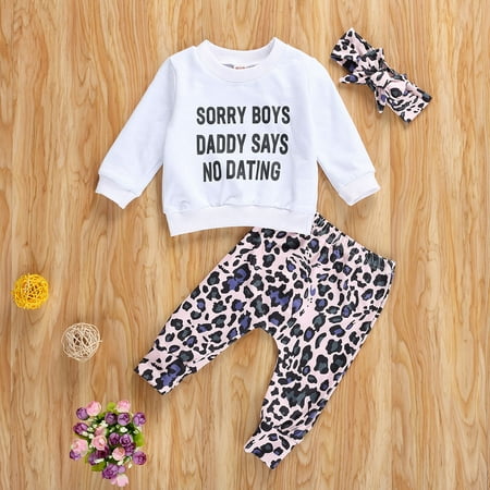 Newborn Toddler Girls 3 Pcs Outfits Letter Printed Shirt Top + Leopard Long Pant and Headband Clothes Sets
Newborn Toddler Girls 3 Pcs Outfits Letter Printed Shirt Top + Leopard Long Pant and Headband Clothes Sets