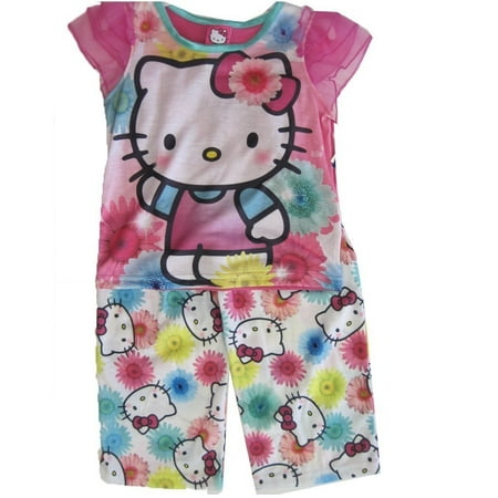 Hello Kitty Girls Fuchsia Kitty Floral Print 2 Pc Pajama Set 8-10