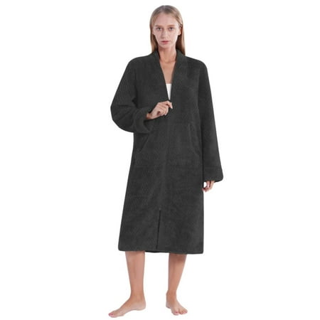 

EFINNY Women s Long Zipper Robes Flannel Waffle Fleece Soft Bathrobe Fall Winter Warm Housecoat Nightgown Sleepwear Pajamas