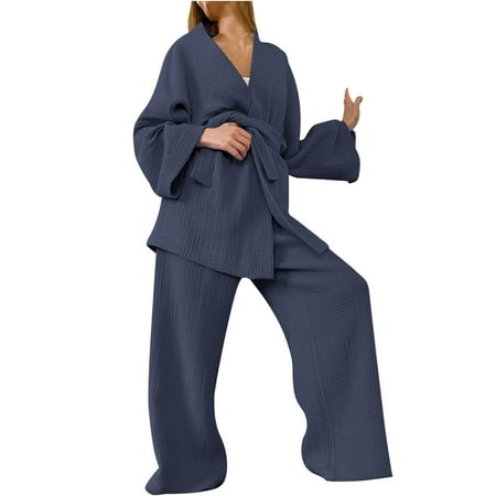 Women Casual Pajamas Two-piece Outfits Long Sleeve Belted Robe Wide Leg Loungewear Pajama Set Solid Color Loose Sleepwear
Women Casual Pajamas Two-piece Outfits Long Sleeve Belted Robe Wide Leg Loungewear Pajama Set Solid Color Loose Sleepwear