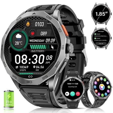 Haulvean 2025 New 1.85-inch Military Smart Watch for Men, fits for Android and Iphone Devices, with Answer/Make Calls/100+ Sport Modes, Fitness Tracker Watches (Black)