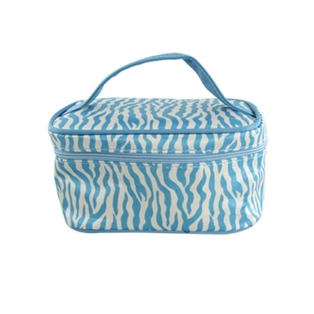 Blue White Zebra Striped Portable Makeup Bag for Women