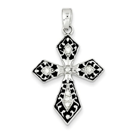 Sterling Silver Rhodium Plated CZ Black Enameled Cross Pendant