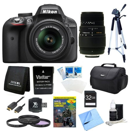 Nikon D3300 DSLR HD Black Camera, 18-55mm Lens, 70-300mm Lens and 32GB Card Bundle - Includes camera, 32GB SD memory card, 70-300mm f\/4-5.6 SLD DG macro lens, EN-EL14 battery, carrying case, 52mm fil Nikon D3300 DSLR HD Black Camera, 18-55mm Lens, 70-300mm Lens and 32GB Card Bundle - Includes camera, 32GB SD memory card, 70-300mm f\/4-5.6 SLD DG macro lens, EN-EL14 battery, carrying case, 52mm fil