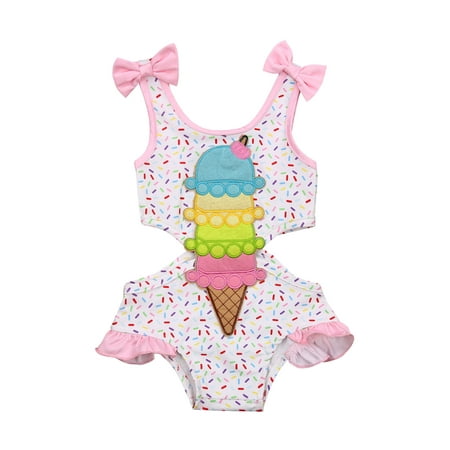 Hirigin Little Girls Sweet Ice Cream Print Ruffles Hollow Suspender Swimsuit