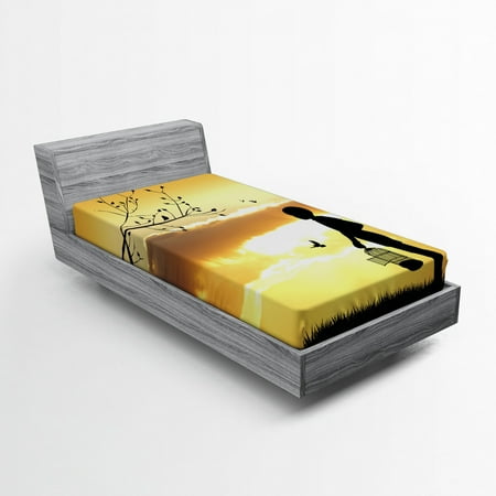 Nature Fitted Sheet Little Child Silhouette with a Bird Cage at Sunset in Forest Rural Trees Birds, Soft Decorative Fabric Bedding, Marigold Black, by Ambesonne