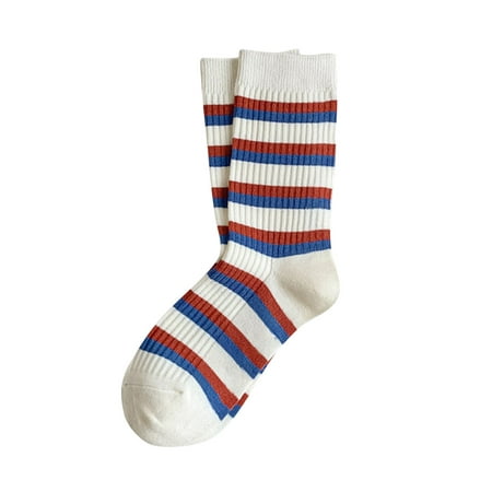 

6-Pack Womens Socks White Fall Winter Vintage Striped Embroidered Lettering Stockings Socks
