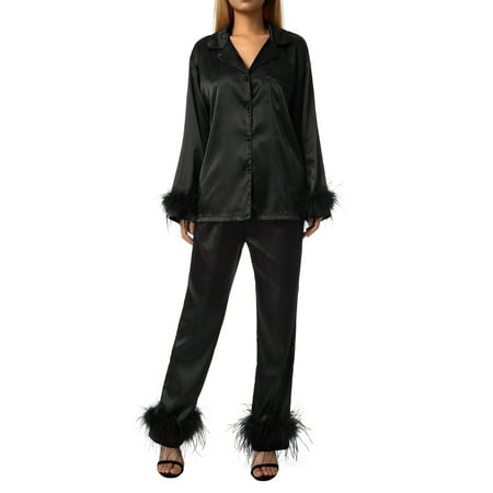 Sunisery Womens Satin Pajamas Set Feather Decorative Long Sleeve Sleepwear Button Down Loungewear Silk Pjs
Sunisery Womens Satin Pajamas Set Feather Decorative Long Sleeve Sleepwear Button Down Loungewear Silk Pjs