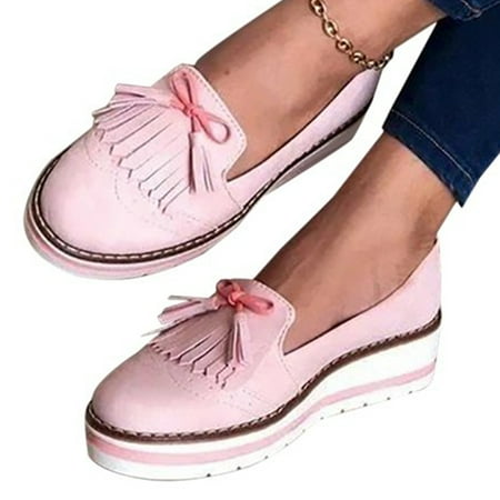 Slip On Round Toe Cap Flat Shoes Gift Wedge Heel Tassel PU Leather Women Loafer